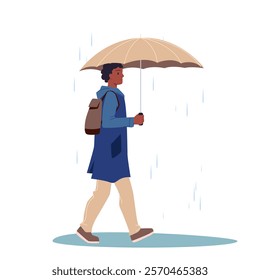 Young man in blue raincoat walking in autumn or spring rain with umbrella. Student with backpack holding beige umbrella to go to college and university over puddles on road cartoon vector illustration