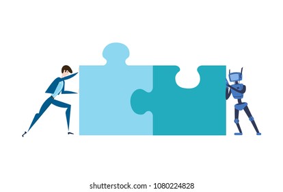 Young man and blue robot trying to put puzzle together. Business and AI. Artificial intelligence interaction. Concept vector illustration, flat style. Isolated on white background, horizontal.