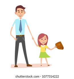 Young man in blue shirt holds little girls hand vector illustration. Schoolgirl in yellow shirt and green skirt waving brown briefcase.