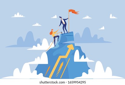 Young Man in Blue Suit and Tie, Making Reach for His Partner, Persistent Woman, to Help Her to Get on Mountain Top. Success in Business is Compared with Climbing High Hills. Teamwork and Support.