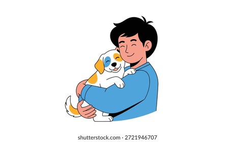 Young man in a blue sweater affectionately hugs his small white and brown puppy while both of them have happy smiling expressions.