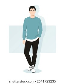 A young man in a blue sweater and black trousers stands confidently. The style is urban casual, light and modern. The minimalist background emphasizes the character.