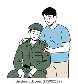 Young man in a blue t-shirt comforting a sad or distressed soldier in green uniform, flat design vector illustration.