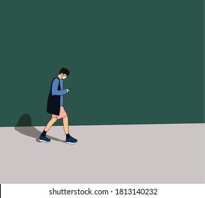 Young Man in blue t-shirt texting while walking with a surgical mask on smart phone in city trendy flat design with simple style.The topic of coronavirus, flu and cold.