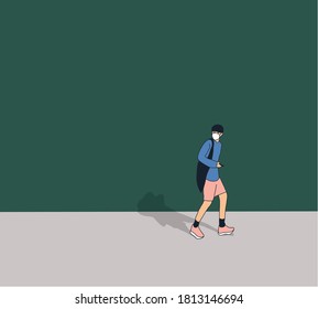 Young Man in blue t-shirt texting while walking with a surgical mask on smart phone in city trendy flat design with simple style.The topic of coronavirus, flu and cold.