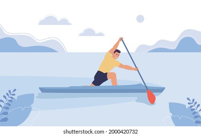 Young man in a boat floating on the river, the concept of rowing competitions, canoeing.