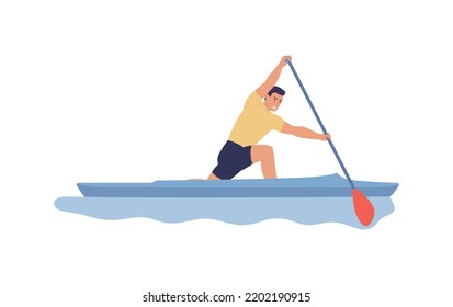 Young man in a boat floating on the river, the concept of rowing competitions, canoeing.