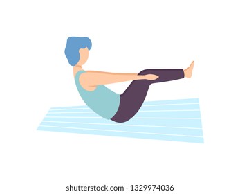 Young Man in Boat Pose, Guy Practicing Yoga, Physical Workout Training Vector Illustration