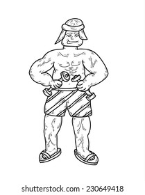 young man body building with two dumbbells, sketch, vector, isolated