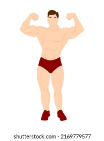 Young man bodybuilder character isolated on white background. Bodybuilding concept vector illustration in flat style. Cartoon full high body with muscles. Healthy sportive lifestyle