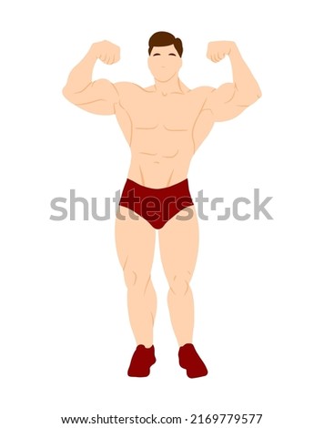 Young man bodybuilder character isolated on white background. Bodybuilding concept vector illustration in flat style. Cartoon full high body with muscles. Healthy sportive lifestyle