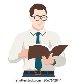 Young man with book in modern simple flat style isolated on white background. Education person concept vector illustration.