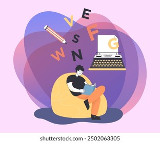 Young man with book sitting in beanbag flat vector illustration. Typewriter, pencil, letters. Literature, creative imagination, reading concept