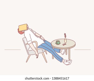 Young man with book sleeping in armchair at cafe. Hand drawn style vector design illustrations.