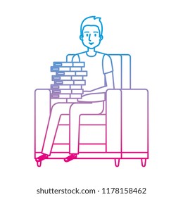 young man with books at the sofa