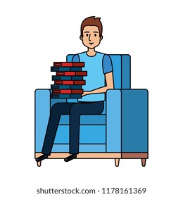 young man with books at the sofa