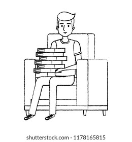 young man with books at the sofa