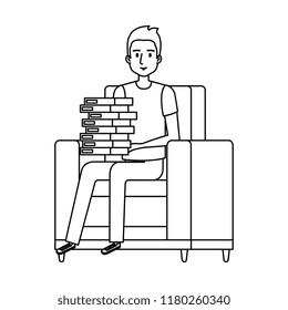 young man with books at the sofa