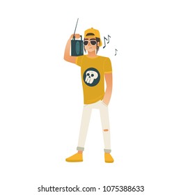 Young man with boombox on shoulder listening to music and having fun on summertime. Isolated cartoon male character in cap for summer leisure concept. Vector illustration.