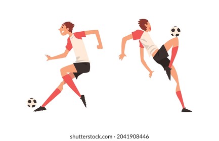 Young Man in Boots and Knee-highs Playing Football or Soccer Moving the Ball Around Pitch Scoring Goals Vector Set