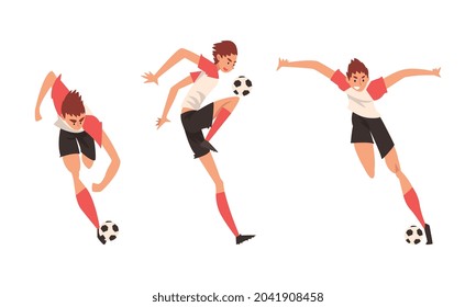 Young Man in Boots and Knee-highs Playing Football or Soccer Moving the Ball Around Pitch Scoring Goals Vector Set