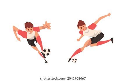 Young Man in Boots and Knee-highs Playing Football or Soccer Moving the Ball Around Pitch Scoring Goals Vector Set