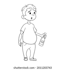 Young man with a bottle of alcohol. The guy is addicted to drinking. A drunkard with a bottle. Vector illustration in cartoon style. Black and white linear sketch.
