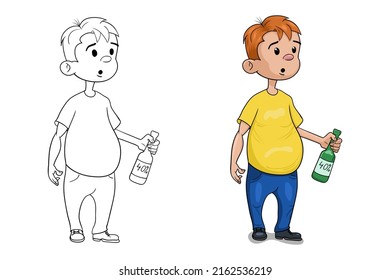 Joven con una botella de alcohol. El tipo es adicto a la bebida. Un borracho con una botella. Ilustración vectorial al estilo de las caricaturas aisladas en fondo blanco.