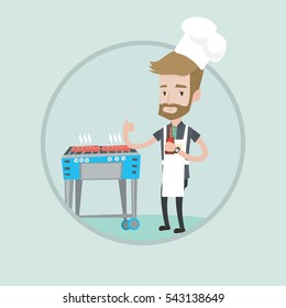 Joven con una botella en la mano cocinando carne en la parrilla de gas y dando el pulgar hacia arriba. Hombre hipster cocinando filete en parrillada a la parrilla. Ilustración de diseño plana vectorial en el círculo aislado en el fondo.