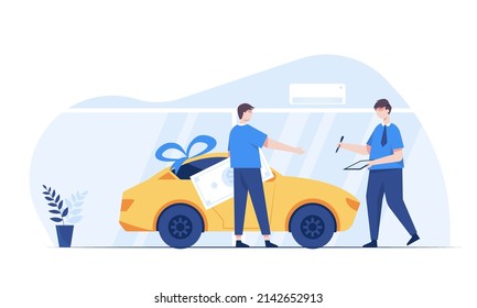 A young man bought himself a car from a car showroom as a gift for years of hard work. He is signing a car sales contract. Vector illustration character flat design