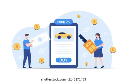 A young man bought himself a car from a online car showroom as a gift for years of hard work. He paid for the car through internet banking. Vector illustration character flat design