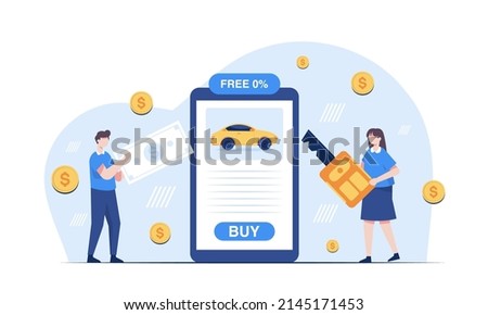 A young man bought himself a car from a online car showroom as a gift for years of hard work. He paid for the car through internet banking. Vector illustration character flat design