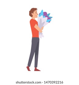 Young Man with Bouquet of Flowers, Congratulations on Holiday, Birthday or Romantic Date Vector Illustration