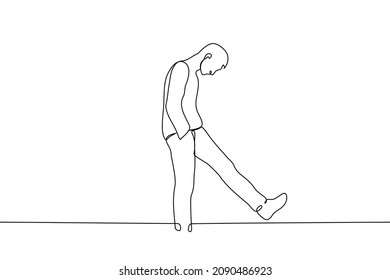 young man with bowed head and shoulders dangles his leg back and forth - one line drawing vector. concept of laziness, procrastination, anxious expectation 