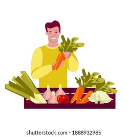 Young man with boxes of fresh vegetables. Holds carrots. Grocery store, market. Vector illustration. Isolated on a white background.