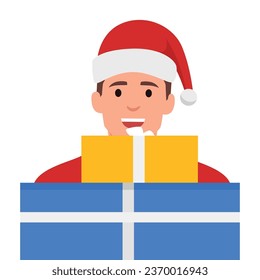 Young man with boxes of present with santa hat. Flat vector illustration isolated on white background