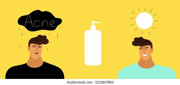 Joven o chico con acné, granos, cabezas negras. Cuidado facial y cutáneo corporal con cosméticos especiales. Concepto de condiciones de los adolescentes de piel. Dibujo vectorial de dibujos animados planos para banner 