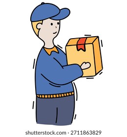 junger Mann, Junge mit einer blauen Baseballkappe, Kurier mit einem Paket, Zustellung, Post, Vektor-Einzelelement, handgezeichnet, Umriss mit Farbfüllung