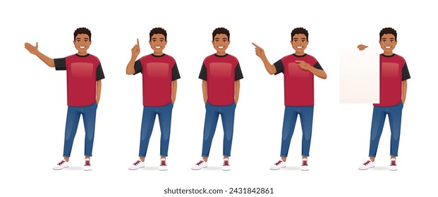 Young man boy in casual clothes standing with different gestures set isolated vector illustration