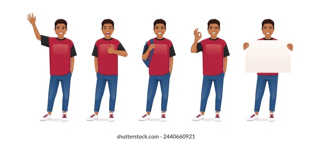 Young man boy in casual clothes standing with different gestures set isolated vector illustration