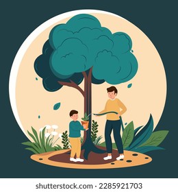 Young Man And Boy Character Pouring Water To Plants From Water Hose On Teal Blue Nature Background.