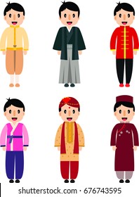 Young man boy diverse nationality traditional full dress and design of Thai, Japanese, Korean, Chinese, Vietnamese, Indian vector Illustrator