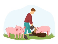 A Young Man Or Boy Farmer Feeds The Pigs. The Guy Takes Care Of Pigs, Piglets. A Farmer Stands On A Green Lawn With Pigs. Vector Illustration In Flat Style