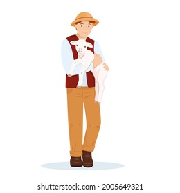 A young man or boy farmer holds a young lamb in his arms. The guy takes care of the sheep. Vector illustration domestic animal in flat style