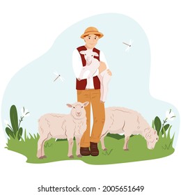 A young man or boy farmer holds a young lamb in his arms. The guy takes care of the sheeps. A farmer stands on a green lawn with lambs. Vector illustration domestic animal in flat style