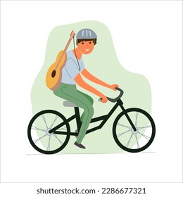 Joven, chico con guitarra en bicicleta