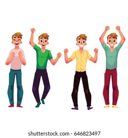 Young man, boy, guy, rejoicing, cheering, celebrating, raising clenched fists over head, cartoon vector illustration isolated on white background. Full length portrait of happy rejoicing young man