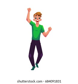 Young man, boy, guy, rejoicing, cheering, jumping in happiness and excitement, cartoon vector illustration isolated on white background. Full length portrait of happy rejoicing young man