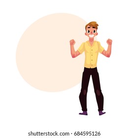 Young man, boy, guy, rejoicing, cheering, clenching fists in happiness and excitement, cartoon vector illustration with space for text. Full length portrait of happy rejoicing young man