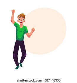Young man, boy, guy, rejoicing, cheering, jumping in happiness and excitement, cartoon vector illustration with space for text. Full length portrait of happy rejoicing young man